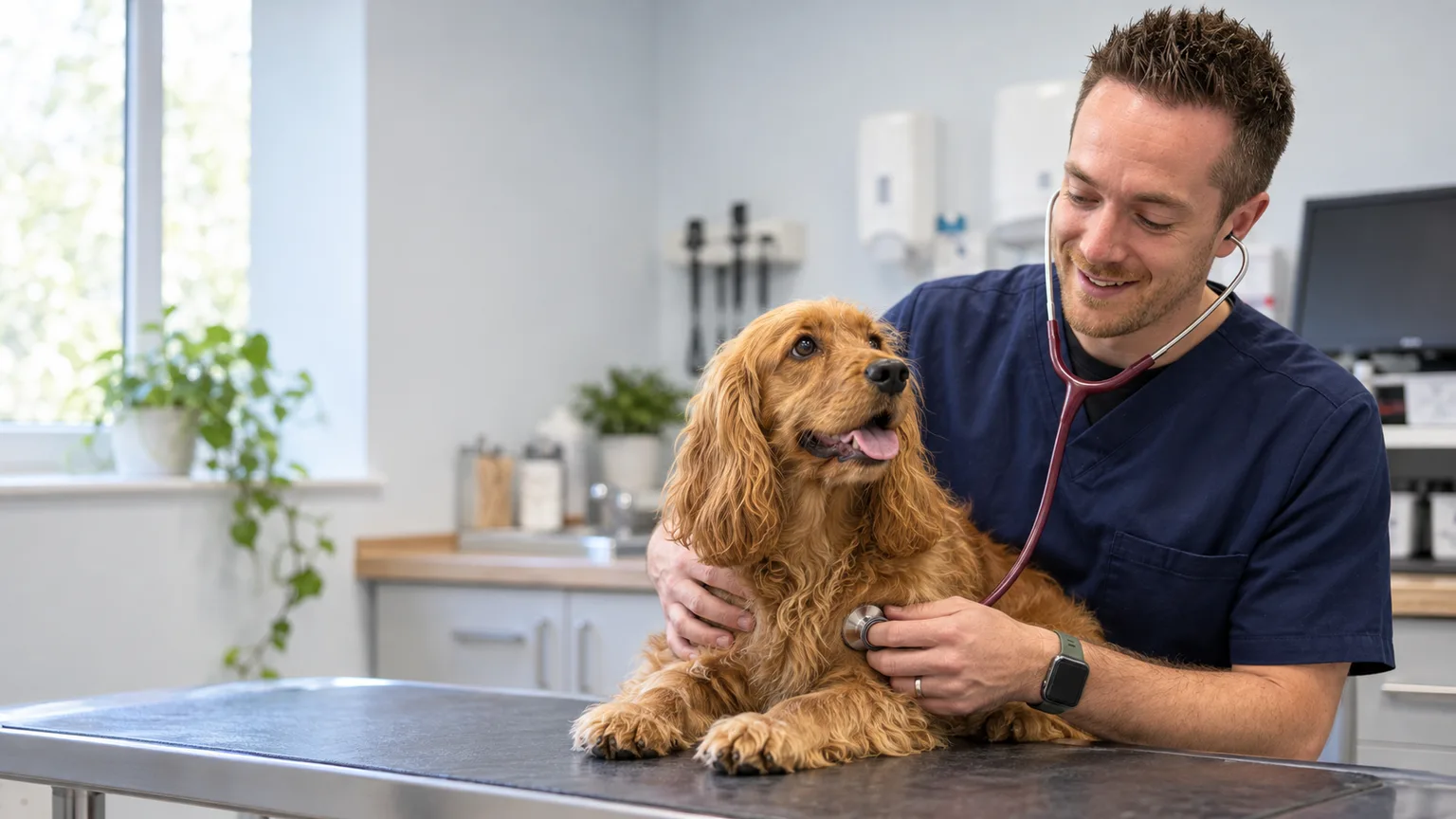 A Ashwood Vets vet with a dog during a consultation